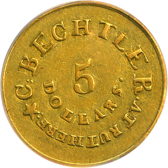 image for: C.Bechtler $5 PCGS XF45 (RUTHERFORD, 128G, 22C) 