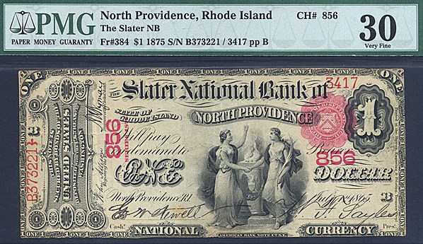 image for: 1875 $1 -Slater NB of North Providence, RI- PMG VF30 [B373221] (Fr.384, Charter #856)