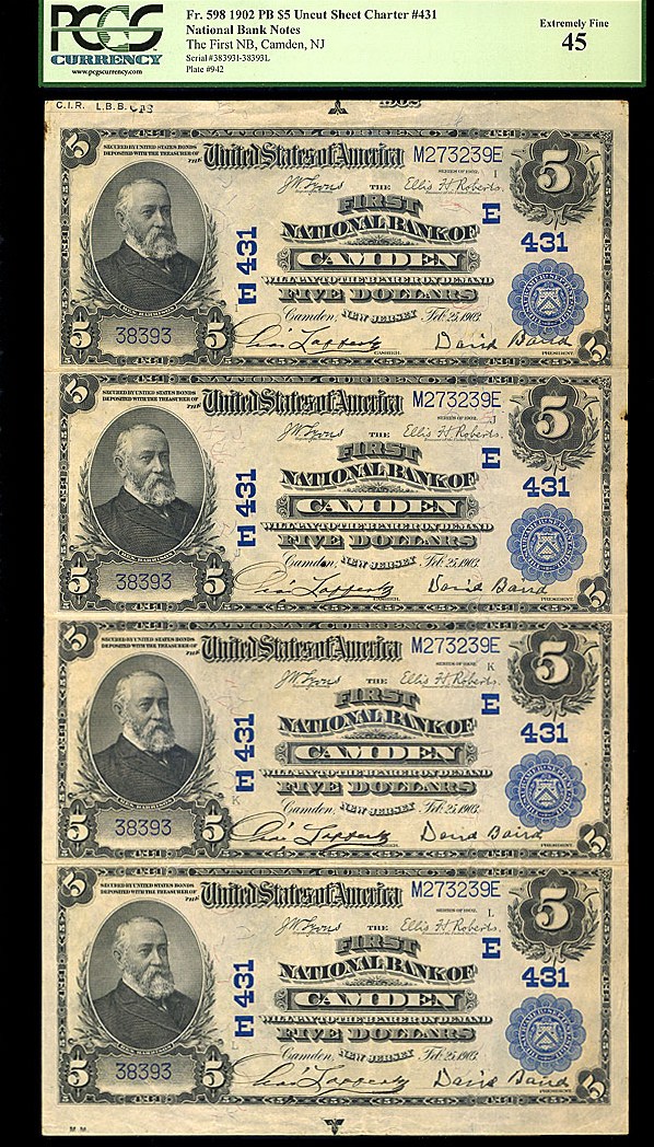 image for: Uncut Sheet of 4: 1902 $5 Blue Seal -FNB of Camden, NJ- PCGS XF45 [38393I-38393L]  (Fr.598, Charter #431)