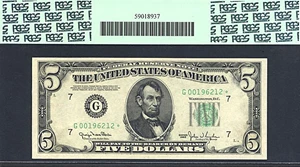 image for: Error: 1950 * Star * $5 PCGS AU53 PPQ (Fr.1961G, Partial Face to Back Offset)