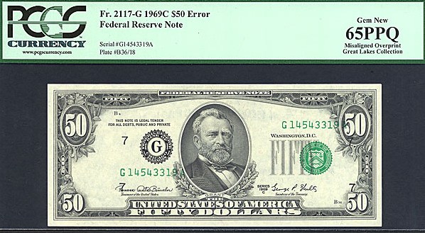 image for: Error: 1969C $50  PCGS Gem CU65 PPQ [G14543319A] (Fr.2117G, Mis-aligned Overprint) ex: Great Lakes Collection