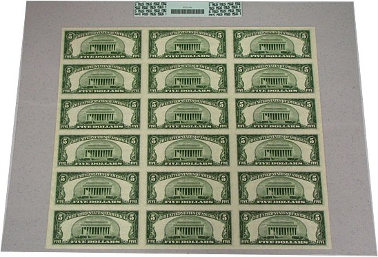 image for: Signed Sheet: 1953 $5 PCGS Gem CU66 PPQ (Fr.1655, Sheet of 18 Notes)