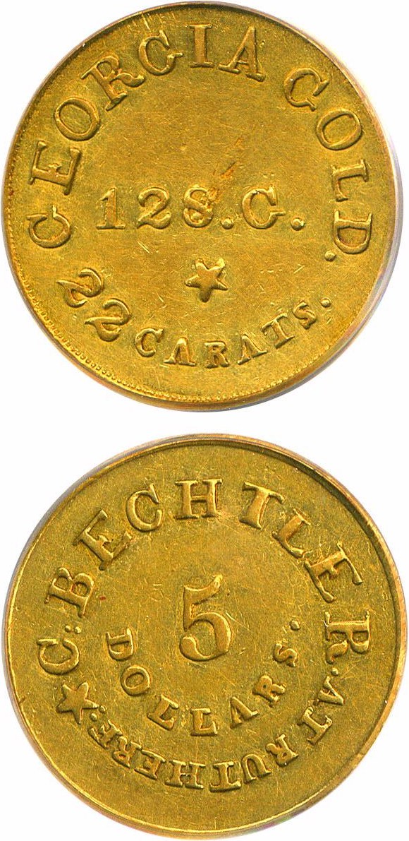 image for: C.Bechtler $5 PCGS XF45 (RUTHERFORD, 128G, 22C) 