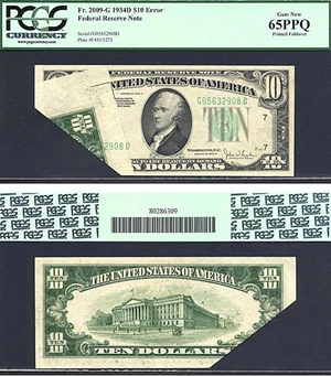image for: Error: Fr. 2009-G 1934D $10 PCGS Gem CU65 PPQ ** Printed Foldover **
