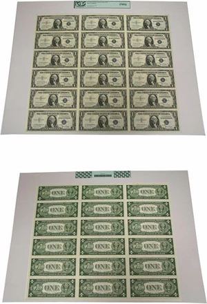 image for: Uncut Sheet: 1935D $1 PCGS Gem CU67 PPQ (Fr.1613N, Narrow Sheet of 18 Notes)