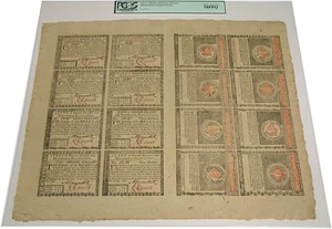 image for: Uncut Colonial Sheet: Rhode Island July 2, 1780 PCGS AU58 PPQ (Sheet of 16: $1 to $20)