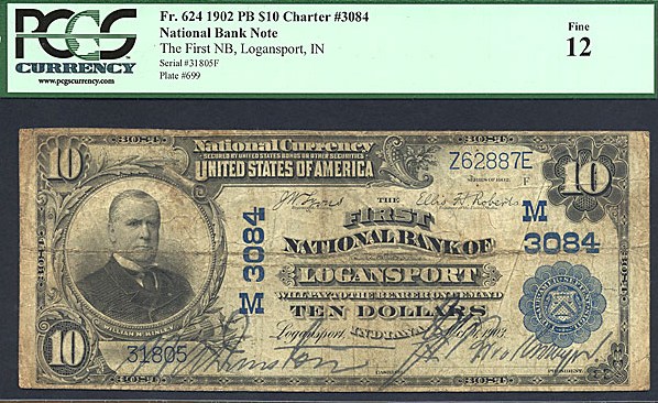 image for: 1902 $10 Blue Seal -FNB of Logansport, IN- PCGS VF20 #192  (Fr.624, Charter #3084, Plain Back)