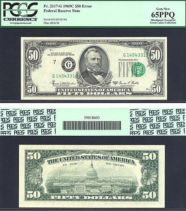 image for: Error: 1969C $50  PCGS Gem CU65 PPQ [G14543319A] (Fr.2117G, Mis-aligned Overprint) ex: Great Lakes Collection
