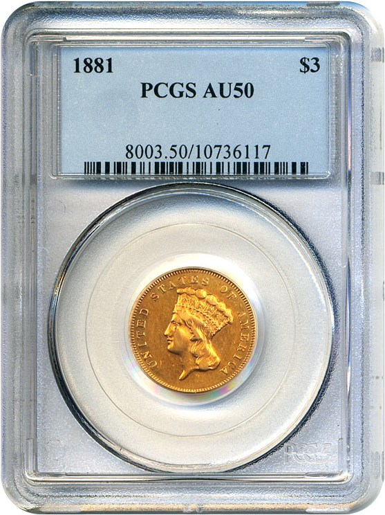 image for: 1881 $3 PCGS AU50