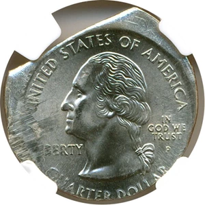 image for: Mint Error: 2002-P Indiana 25c NGC Unc Details (Off-Center on Straight Clip Plan, Obv Damage)