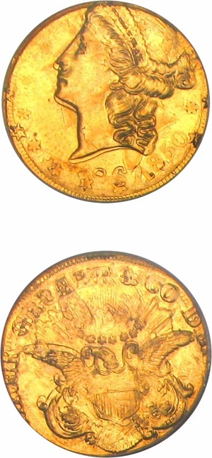 image for: 1861 $20 Clark Gruber Struck over 1850 $10 PCGS MS63 (Fantasy Piece struck over 1850 Eagle)