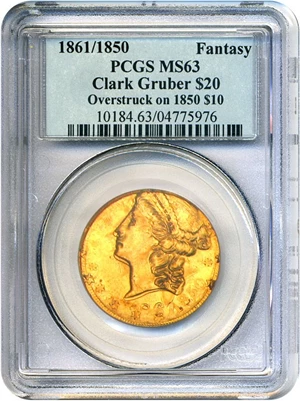 image for: 1861 $20 Clark Gruber Struck over 1850 $10 PCGS MS63 (Fantasy Piece struck over 1850 Eagle)