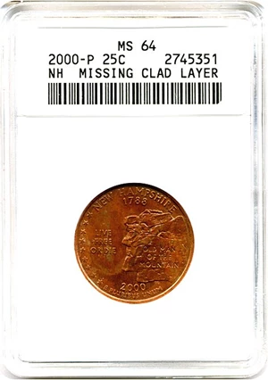 image for: Mint Error: 2000-P New Hampshire 25c ANACS MS64 (Missing Clad Layer)