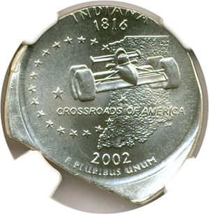 image for: Mint Error: 2002-P Indiana 25c NGC Unc Details (Off-Center on Straight Clip Plan, Obv Damage)