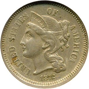 image for: Mint Error: 1872 3cN NGC AU55 (Double Struck, Rotated in Collar)