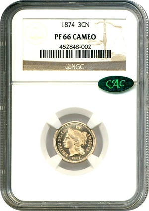 image for: 1874 3cN NGC/CAC Proof 66 Cameo