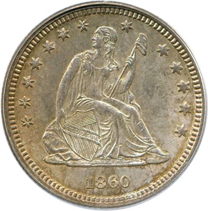 image for: 1860 25c PCGS/CAC MS62 OGH