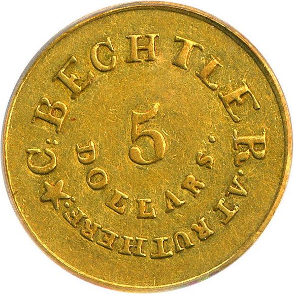 image for: C.Bechtler $5 PCGS XF45 (RUTHERFORD, 128G, 22C)