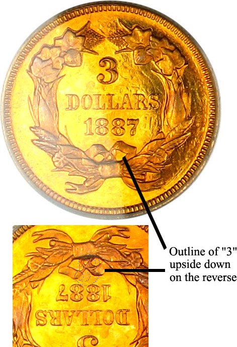 image for: Mint Error: 1887 $3 PCGS Proof 63 Cameo (Triple Struck Rotated)
