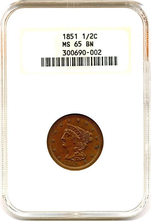 1851 Counter stamped SPL Braided Hair Half Cent Coin 1/2c
