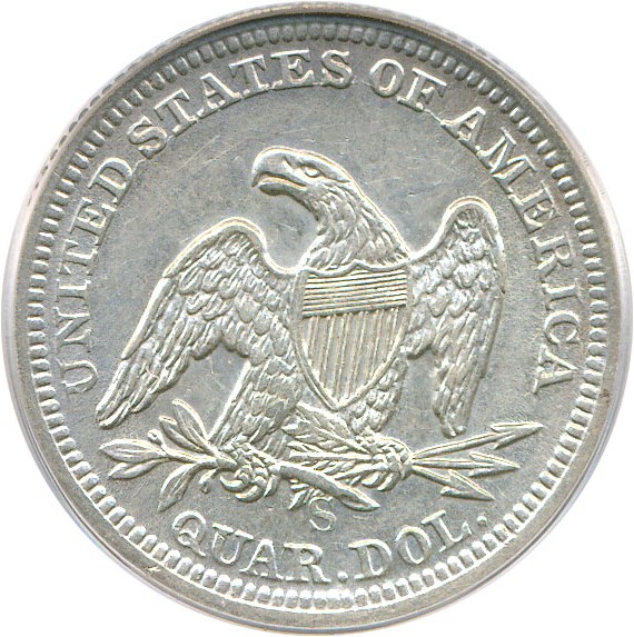 image for: 1855-S 25c PCGS Genuine (Arrows, DLRC Grade: AU55 Lightly Cleaned)