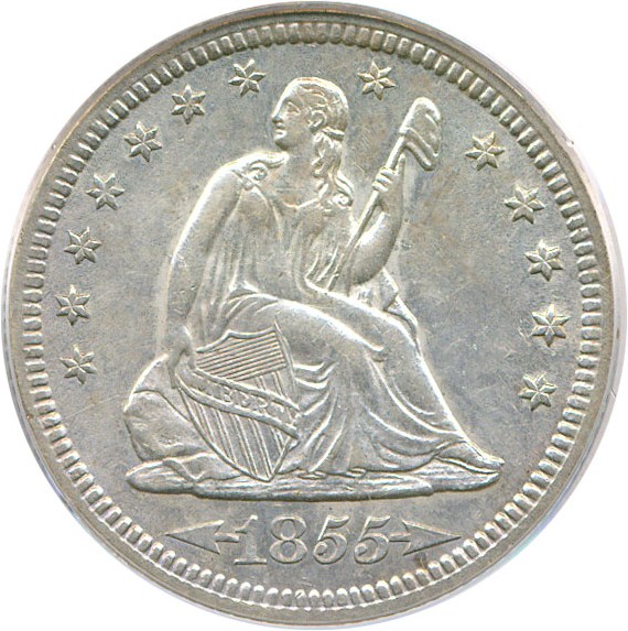 image for: 1855-S 25c PCGS Genuine (Arrows, DLRC Grade: AU55 Lightly Cleaned)