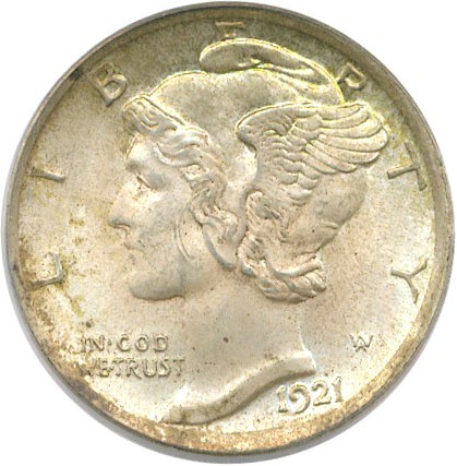 image for: 1921 10c PCGS Genuine (DLRC Grade: MS64 FB, lightly scratched)
