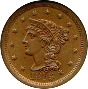 image for: 1855 1c NGC/CAC MS65 BN (Upright 55)