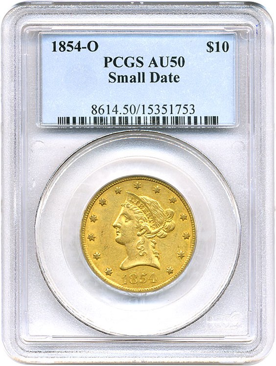 image for: 1854-O $10 PCGS AU50 (Small Date)