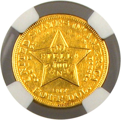 image for: 1879 $4 NGC Proof Fine Details (Flowing Hair Stella, Mount Removed, Harshly Cleaned)