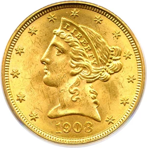 image for: 1908 $5 PCGS/CAC MS64 OGH (Liberty)