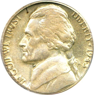 image for: Mint Error: 1943-D 5c PCGS AU58 (Struck on Australian Sixpence Planchet)