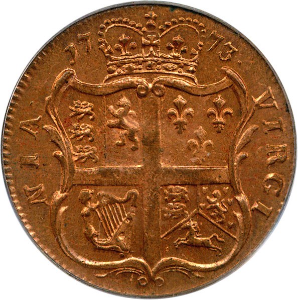 image for: 1773 Virginia Halfpenny PCGS/CAC MS64 RD (With Period)