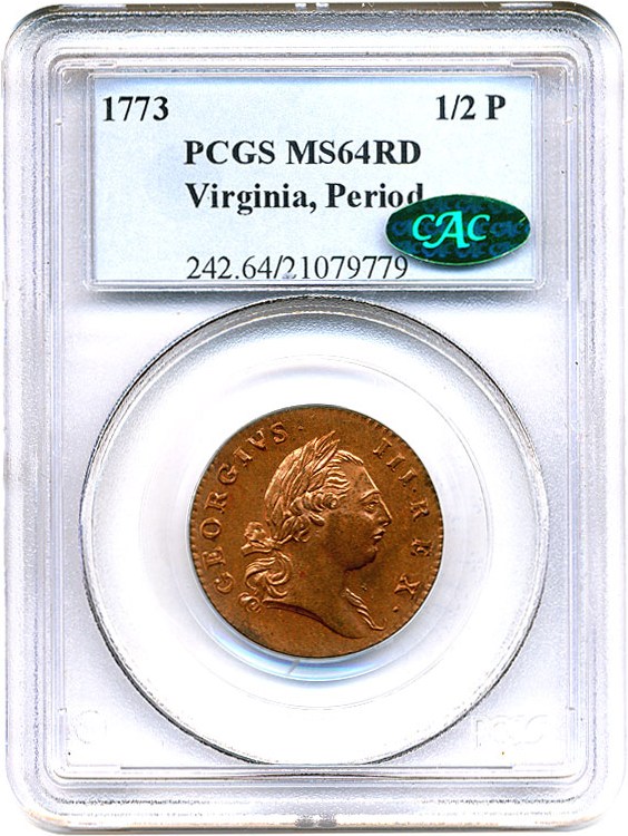 image for: 1773 Virginia Halfpenny PCGS/CAC MS64 RD (With Period)