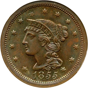 image for: 1855 1c NGC MS65 BN (Slanting 55, N-10)