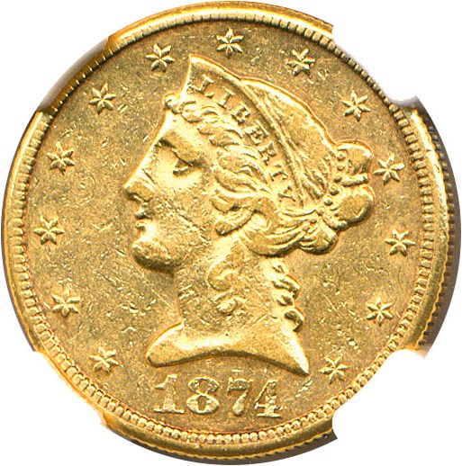 image for: 1874-CC $5 NGC AU53 