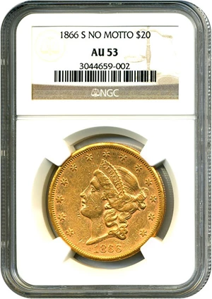 image for: 1866-S $20 NGC AU53 (No Motto)