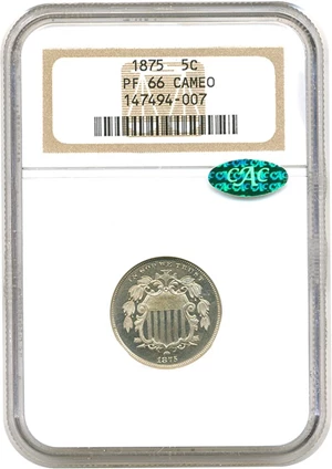 image for: 1875 5c NGC/CAC Proof 66 Cameo