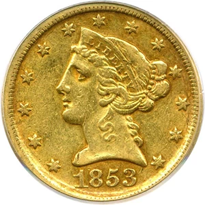 image for: 1853-D $5 PCGS/CAC AU50 (Large D)