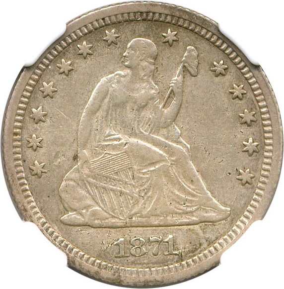image for: 1871-CC 25c NGC (VF Details)(Harshly Cleaned, OBV Damage