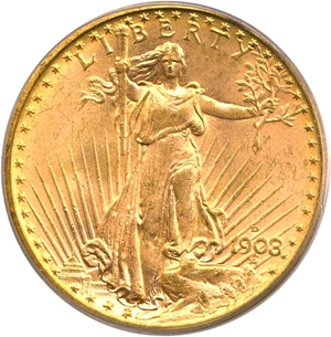 image for: 1908-D $20 PCGS MS65 (No Motto)