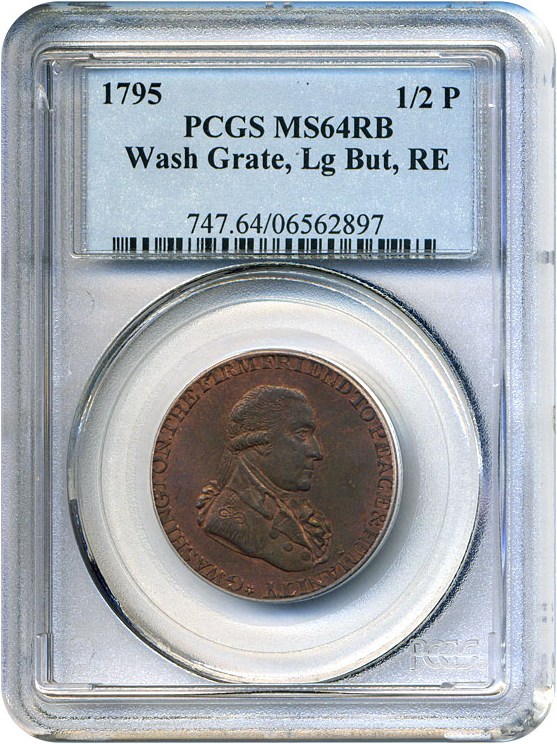 image for: 1795 1/2 P PCGS MS64 RB (Washington Grate, Large Buttons, Reeded Edge)