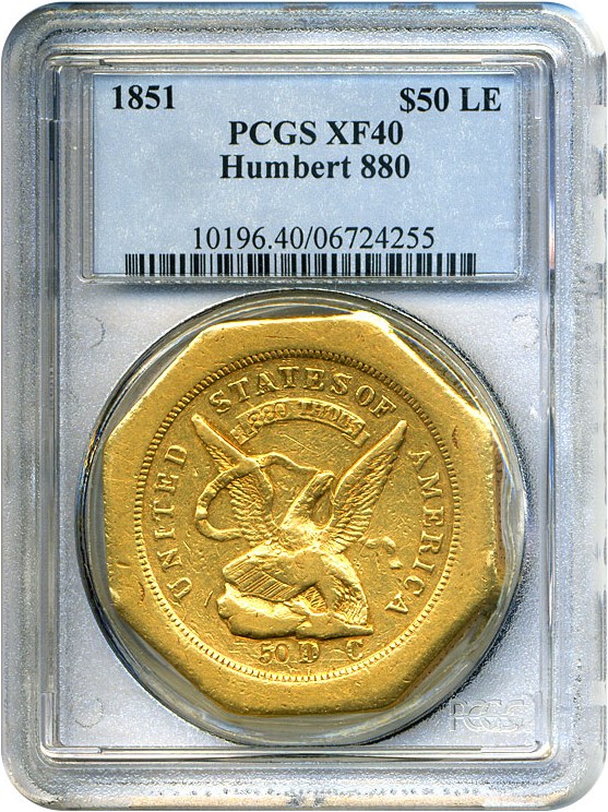 image for: 1851 $50 Humbert PCGS XF40 (Lettered Edge, 880 THOUS.)