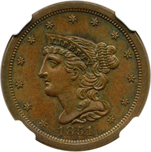image for: 1851 1/2c NGC MS64 BN (C-1)