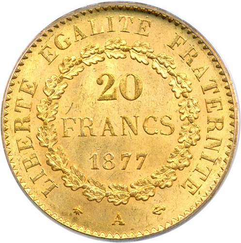 image for: France: 1877-A 20 Fr PCGS MS65 (KM-825)