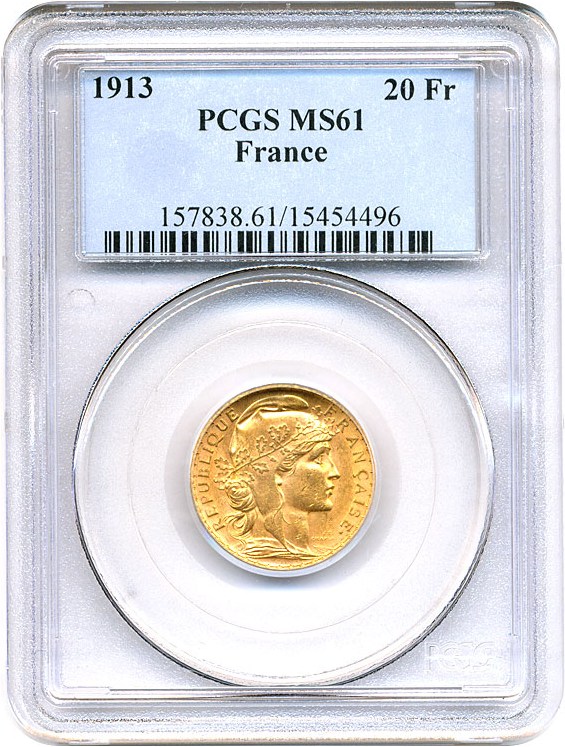 image for: France: 1913 20 Fr PCGS MS61 (KM-857)