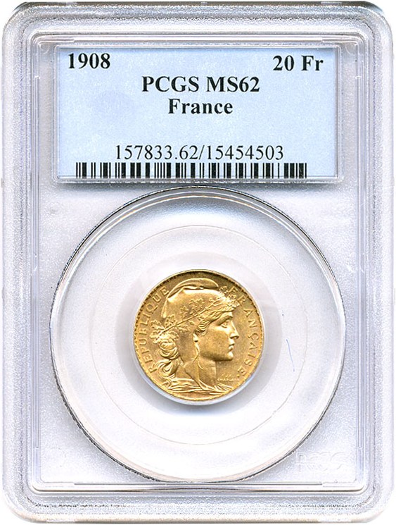 image for: France: 1908 20 Fr PCGS MS62 (KM-857)