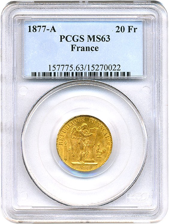 image for: France: 1877-A 20 Fr PCGS MS63 (KM-825)