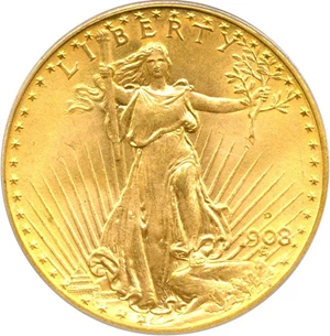 image for: 1908-D $20 PCGS MS66 (Motto)