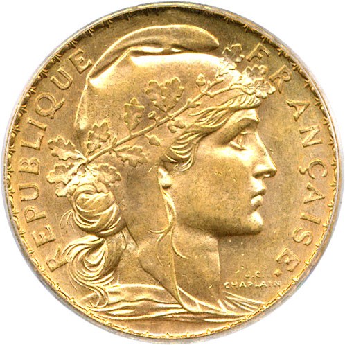 image for: France: 1908 20 Fr PCGS MS62 (KM-857)